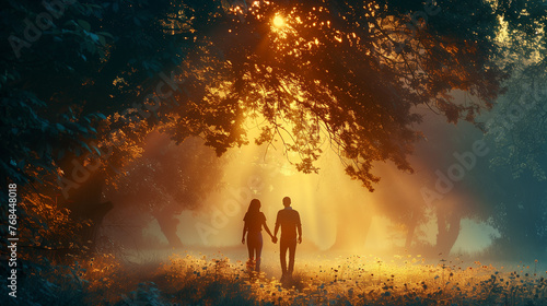 A couple is walking through a forest, holding hands