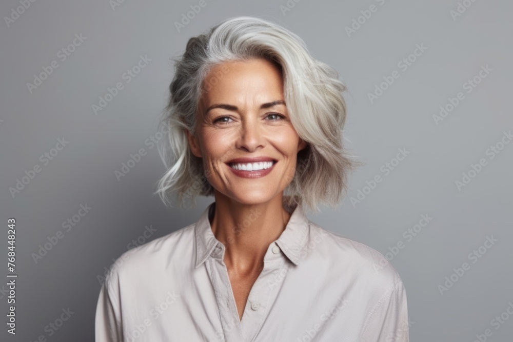 Closeup portrait of a smiling senior businesswoman standing against grey background