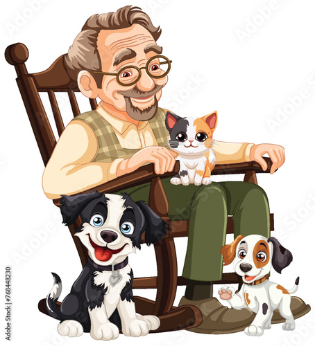 Smiling senior with two dogs and a cat