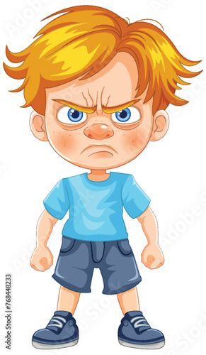 Cartoon of a young boy looking upset and defiant.