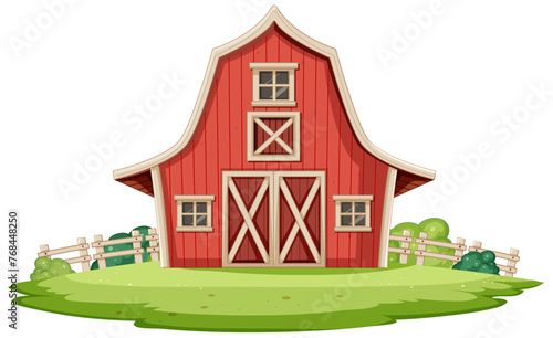 Cartoon illustration of a red barn with white trim.