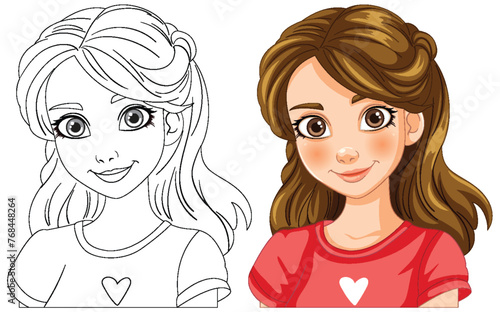 Vector illustration of a girl, line art and colored
