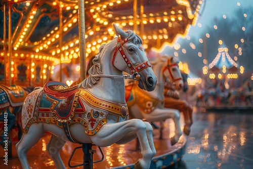 Horse carousel at the fair on a rainy evening