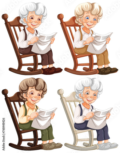Four elderly women knitting, sitting in rocking chairs.