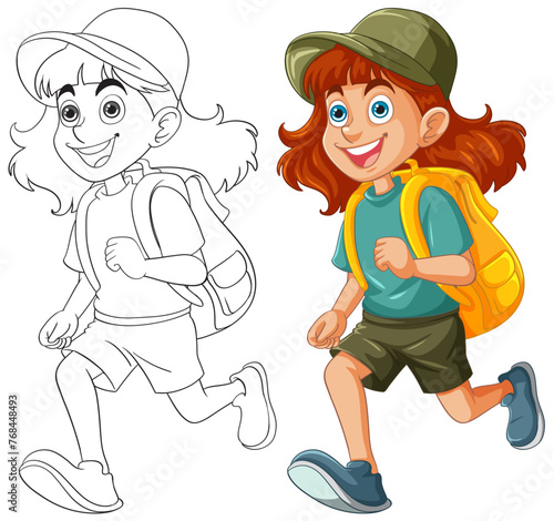 Colorful and line art illustrations of a cheerful girl.
