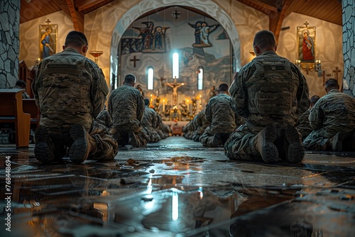 Soldiers pray to God on knees. 