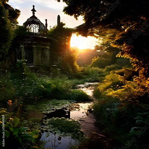 Sunlight Piercing Through Verdant Foliage at an Old Stone Abbey Ruins at Dusk © Rony