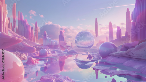 A serene dreamscape unfolds with soft pastel spires and tranquil waters, crowned by a majestic planetoid reflecting in the stillness, inviting peaceful reflection in an otherworldly setting