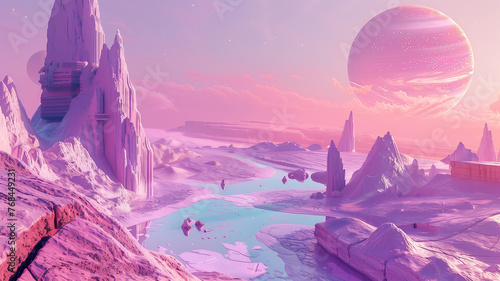 The first light of dawn casts a radiant glow over an alien landscape, where towering spires and reflective ice forms under the watchful gaze of a giant planet