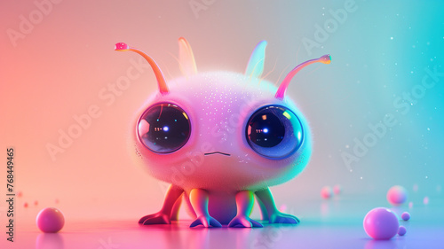 A charming alien creature with large, soulful eyes emits a gentle glow, adding a touch of whimsy to a softly lit interstellar scene.
