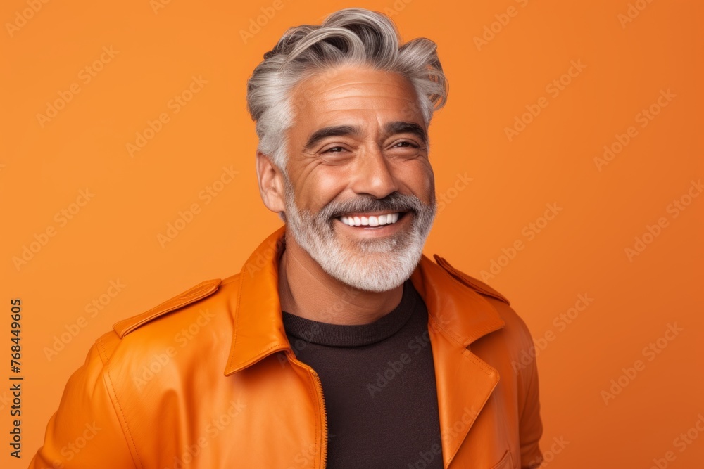 Portrait of happy mature man in orange jacket on orange background.