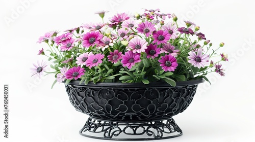 potted flowers on decorative openworked black stand. isolated on white background ,Generative ai, 