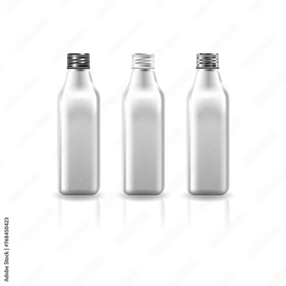 Blank white square bottle with black-white-silver screw caps for beauty, healthy or food product. Isolated on white background. Ready to use for package design. Vector illustration. Blank white square bottle with black-white-silver screw caps for beauty, healthy or food product. Isolated on white background. Ready to use for package design. Vector illustration.