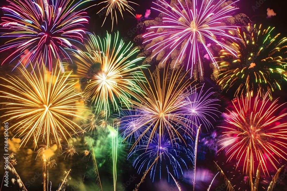 A Colorful and Dazzling Spectacle: Vibrant Fireworks Ranging from Small to Large. Concept Fireworks Display, Colorful Explosions, Celebration Event, Nighttime Photography, Bright and Shining
