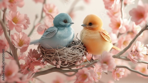 Whimsical 3D-rendered pastel birds nesting ideal for hom © Seksan