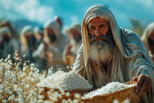 The Jewish men gathering manna in the desert, while on their journey to Israel. photo