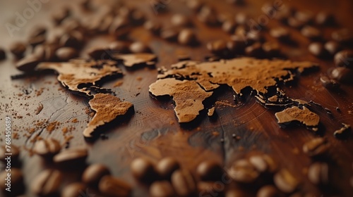 world map lined with coffee beans photo