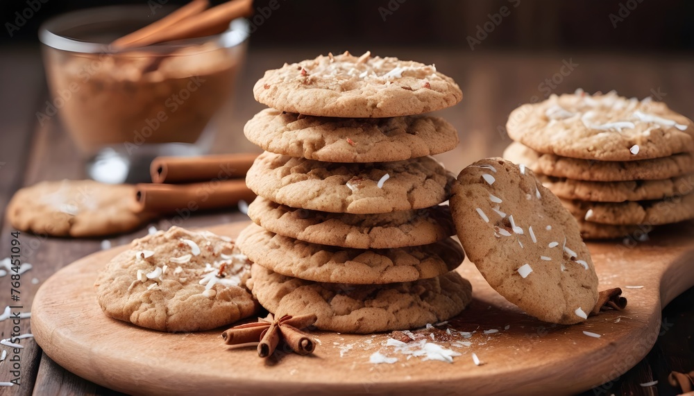 Round Homemade Cookies with Cinnamon and Coconut on a Wooden Board Round Homemade Cookies with Cinnamon and Coconut on a Wooden Board