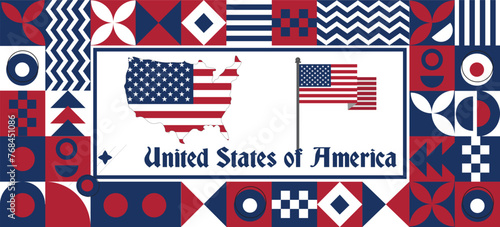 United States of America Map flag independence day geometric Country web banner corporate abstract background design with flag theme. Country Vector Illustration