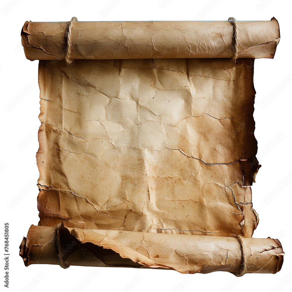 Old paper manuscript or parchment vertically oriented, Ancient Paper or Parchment Scroll, isolated on white background, with clipping path , cutout png