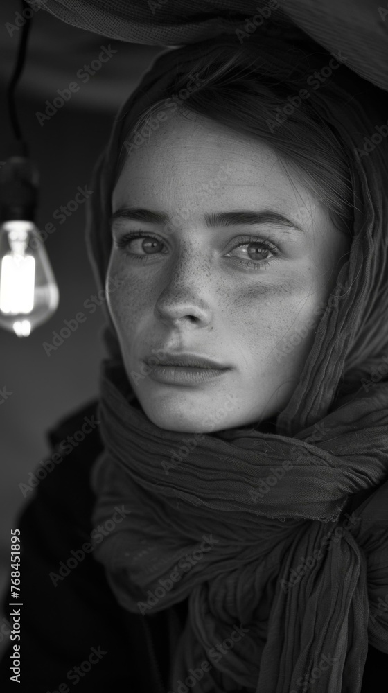 A woman with scarf wrapped around her head and a light bulb above. Generative AI.