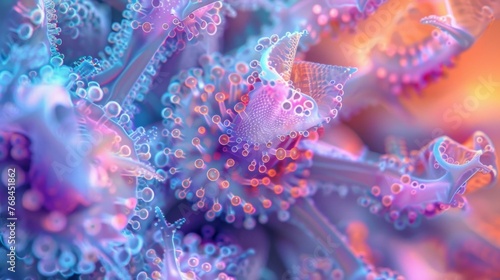 A close up of a colorful coral with many bubbles. Generative AI.