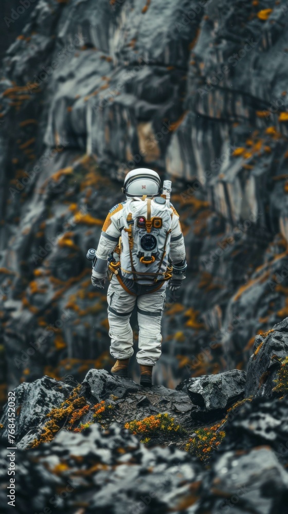 A man in an astronaut suit standing on a rocky hill. Generative AI.