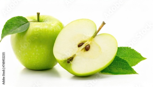 Green Apple with Cut and Leaves on White Background