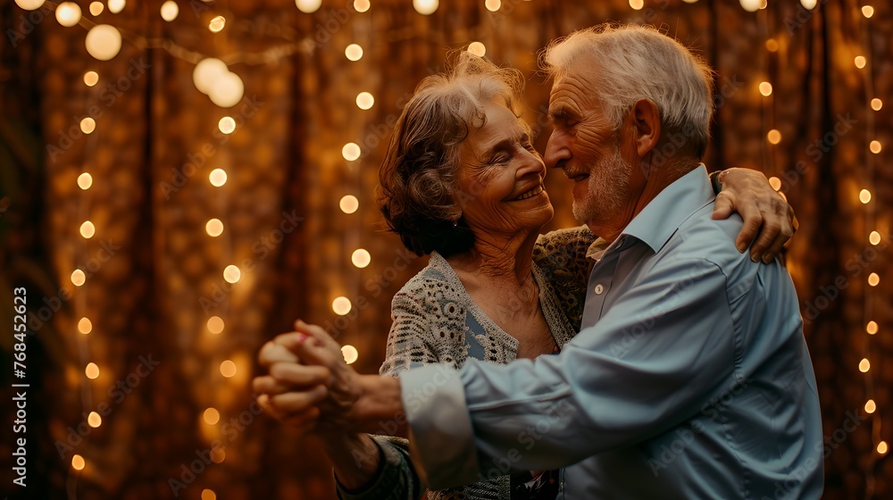 Elderly couple dancing closely, lost in the moment. Warm light, affectionate embrace. Timeless love captured. Lifestyle photography. Indoor celebration. AI