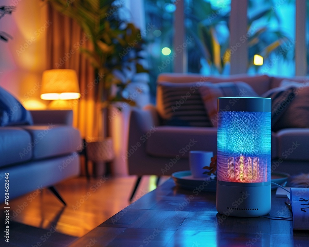 Voice assistant technology, user speaking to a smart speaker, cozy living room, evening ,ultra HD,clean sharp focus Voice assistant technology, user speaking to a smart speaker, cozy living room, evening ,ultra HD,clean sharp focus