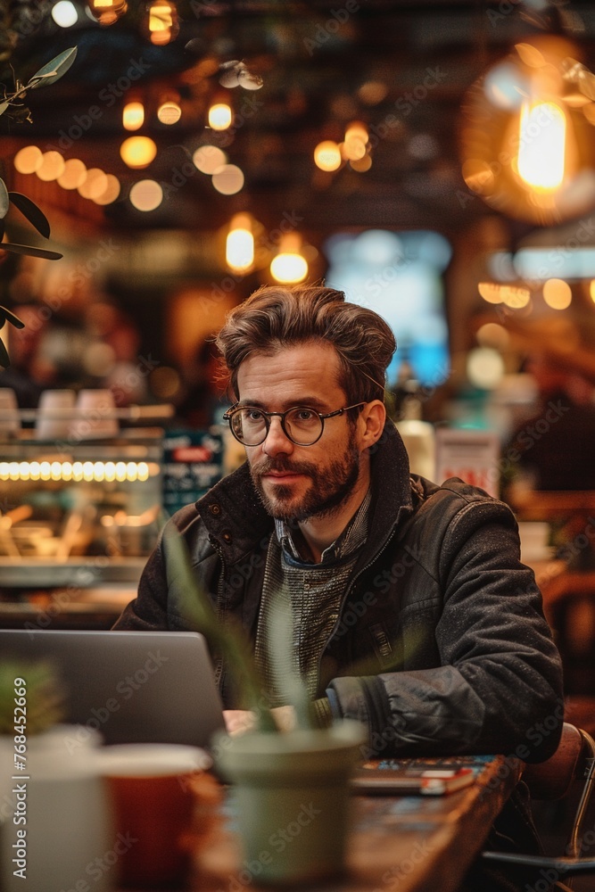 Gig economy, freelancer working in a vibrant cafe, lively, close view ,ultra HD,clean sharp focus Gig economy, freelancer working in a vibrant cafe, lively, close view ,ultra HD,clean sharp focus
