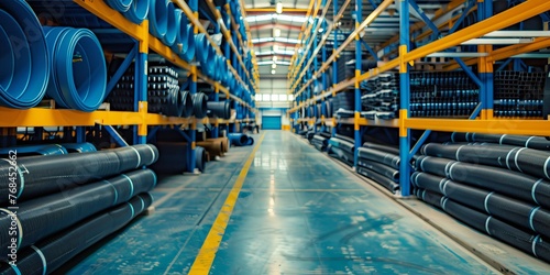 A warehouse with blue and yellow shelves full of pipes