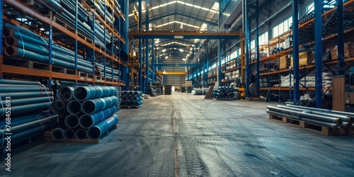 A large industrial warehouse with pipes