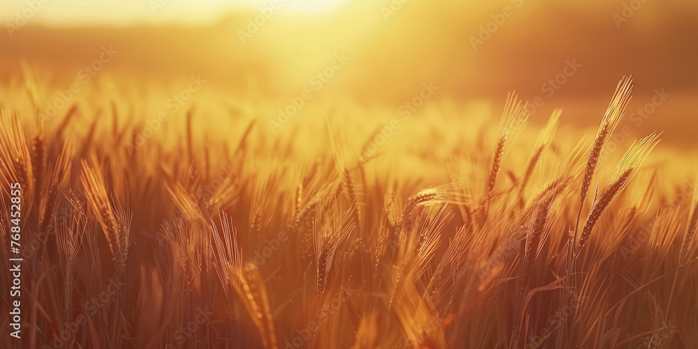 Close-up of golden wheat ears with sunrays piercing through them, emanating warmth and a sense of peace in nature