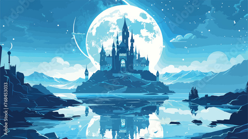 A castle in the middle of a lake with a large moon Moon