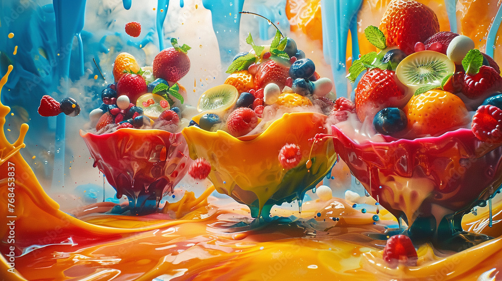 Dynamic Fruit Explosion with Colorful Paint Splatter