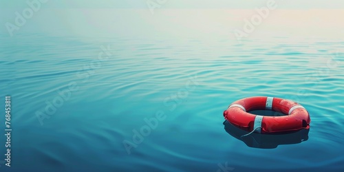 A red life preserver sits on a blue background
