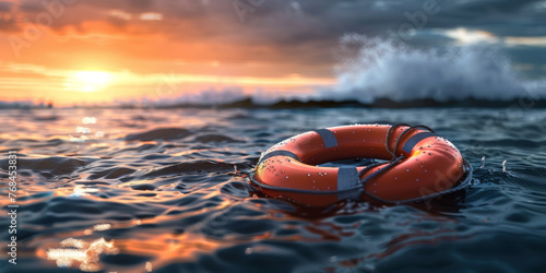 A lifebuoy is floating in the ocean