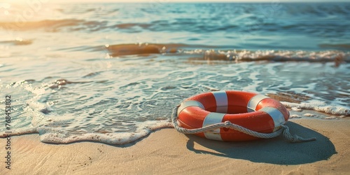 A lifebuoy on the sand near the water