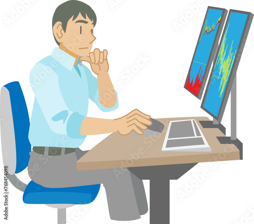 株価チャートを見て悩む男性トレーダーのイラスト