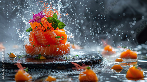 Fototapeta Naklejka Na Ścianę i Meble -  Salmon Sashimi Culinary Art with Water Splash