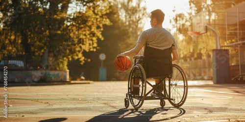 A man in a wheelchair is holding a basketball photo