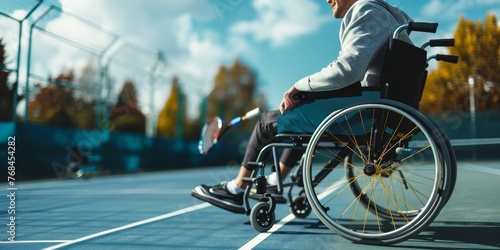 A man in a wheelchair is playing tennis with a tennis ball