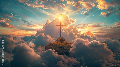 A spiritual Easter greeting card featuring the cross on Golgotha with rays of light piercing through clouds