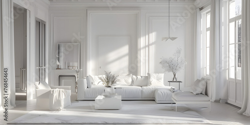 White wall living room have sofa and decoration house and apartment interior design concept, A large windows that provide a stunning view of the city below. Luxurious White villa 