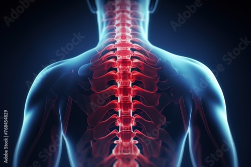 The human spine on the X-ray, on a gray background. The cervical spine is highlighted in red. Diseases of the musculoskeletal system.