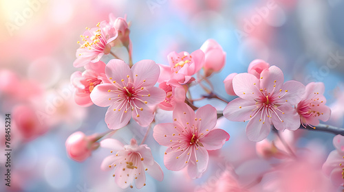 Pink cherry blossoms bloom in spring, showcasing the beauty of nature's floral wonders on a branch.