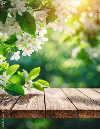 Spring beautiful background with green lush young foliage and flowering branches with an empty wooden table on nature outdoors in sunlight in garden., Ai Generate 