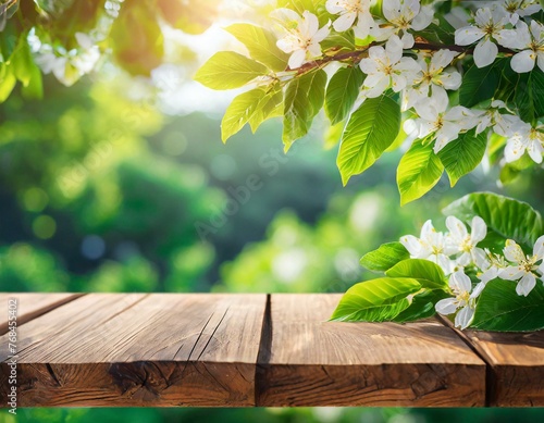 Spring beautiful background with green lush young foliage and flowering branches with an empty wooden table on nature outdoors in sunlight in garden., Ai Generate 