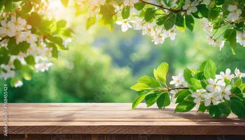 Spring beautiful background with green lush young foliage and flowering branches with an empty wooden table on nature outdoors in sunlight in garden., Ai Generate 